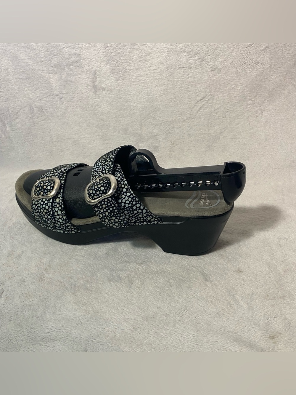 Dansko Sophie Slide Straps Wedge Heels Black Silver Leather Size 39 US 8.5-9